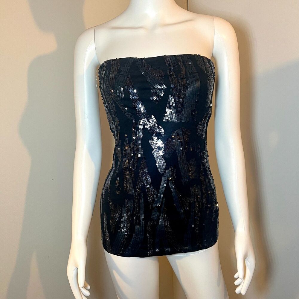 Express Black Sparkly Sequins Tube Top M - Glam Y2K Mcbling Goth Club Grunge 90s